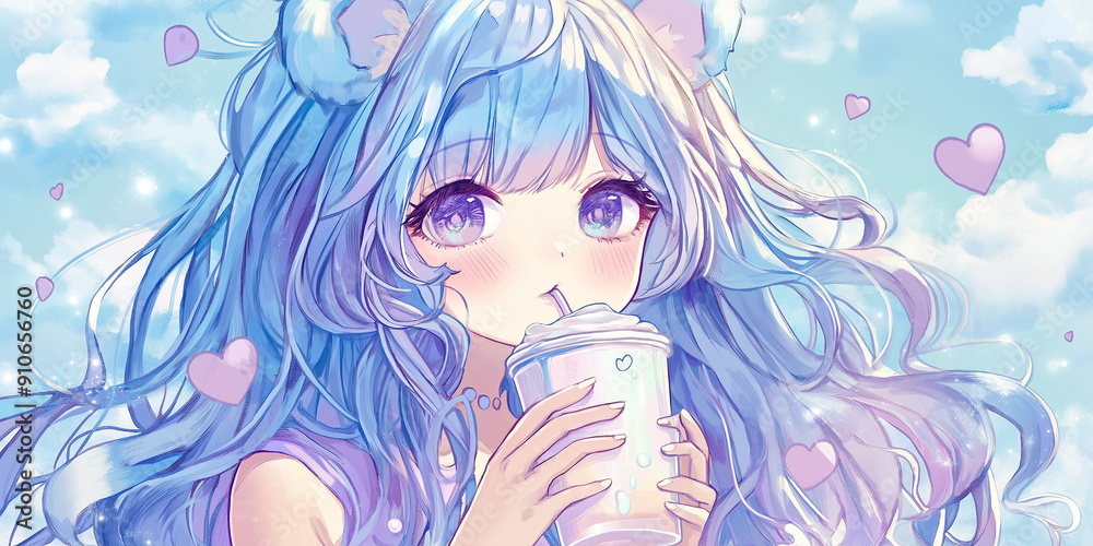 Anime girl with blue hair enjoying a milkshake on a cloudy day Anime girl with blue hair enjoying a milkshake on a cloudy day