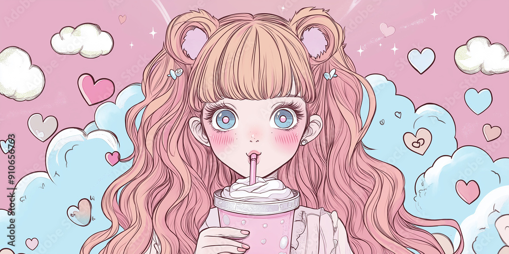 Cute kawaii girl drinking milkshake with pink hair and clouds Cute kawaii girl drinking milkshake with pink hair and clouds