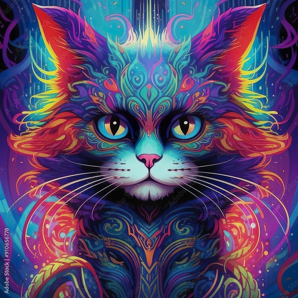 Fototapeta Psychedelic cat digital painting, Generative AI