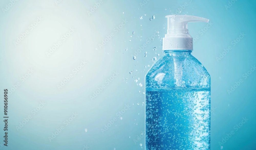 A hand sanitizer bottle is splashed with water droplets, creating a fresh, clean appearance. A hand sanitizer bottle is splashed with water droplets, creating a fresh, clean appearance.