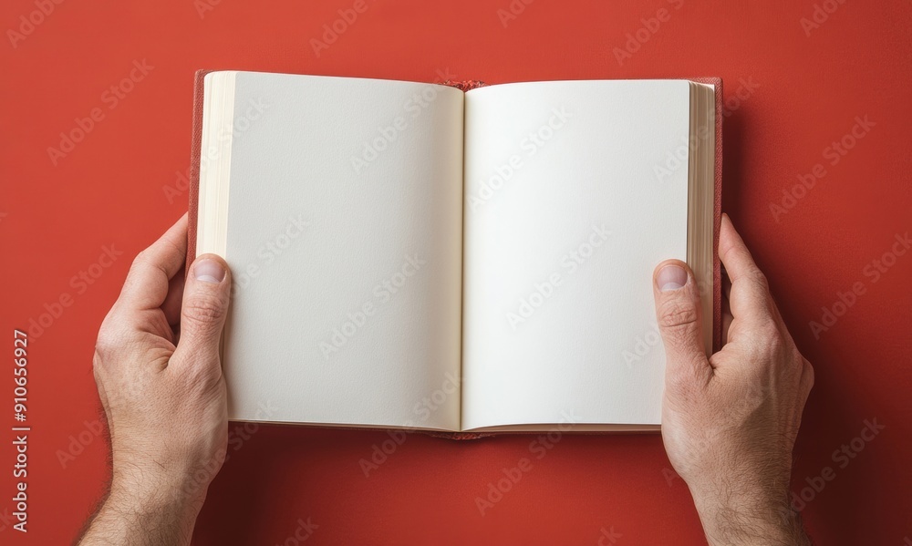 Hands are holding open an empty book against a striking red backdrop, inviting creativity and fresh ideas. Hands are holding open an empty book against a striking red backdrop, inviting creativity and fresh ideas.