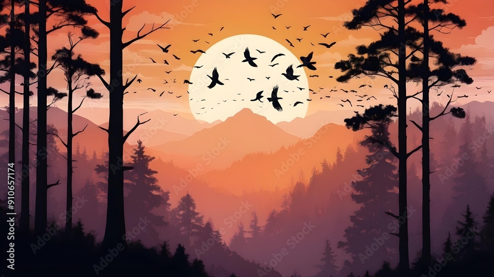 Fototapeta premium Sunset Mountain Landscape with Birds Flying