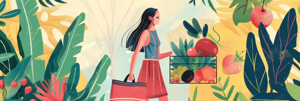 Fashionable girl with eco bag buying food at the market. Abstract background promotes colorful zero Fashionable girl with eco bag buying food at the market. Abstract background promotes colorful zero