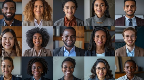 A grid of small square portraits showing different multi-ethnic business people smiling