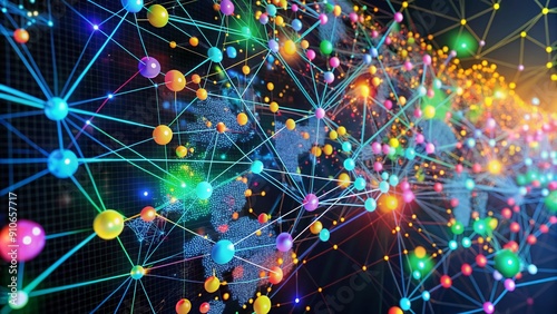 Vibrant digital display illustrates clustering algorithms in data mining, featuring colorful nodes and interconnecting lines showcasing patterns and groupings in a complex dataset. photo