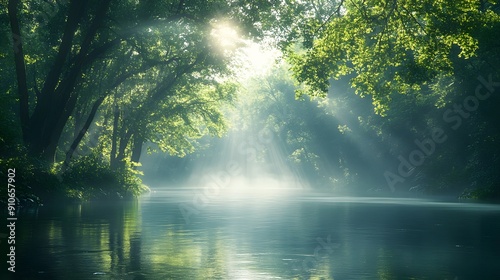 Tranquil Nature. Serene river flowing gently through a lush green forest concept
