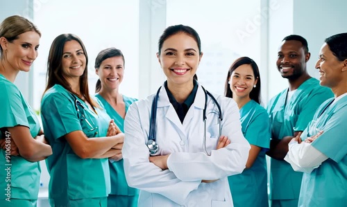 Group portrait video of a cheerful doctor in her 30s wearing a scrub or lab coat with doctors nurses therapists