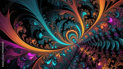 Fractal designs with intricate details and neon hues, complex and mesmerizing, a sense of endlessness and depth, Abstract, digital art