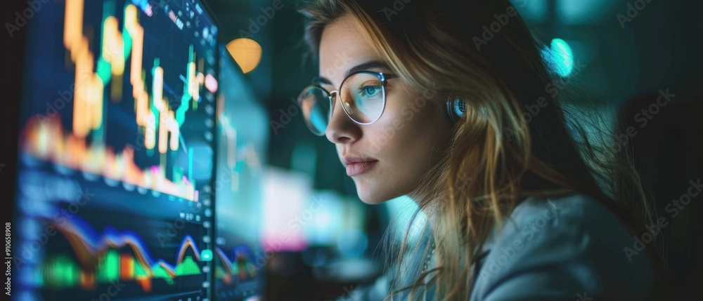 Young woman analyzing financial data on computer screens in modern office setting with focus on stock market trends. Young woman analyzing financial data on computer screens in modern office setting with focus on stock market trends.