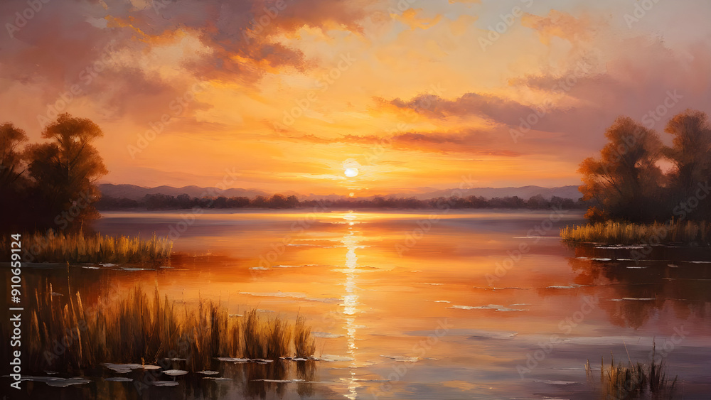 Obraz premium Sunset over a tranquil lake, a serene landscape oil painting on canvas reflecting tranquility, capturing the intersection of the dying sun and the silent lake, water surface dancing with warm colors o