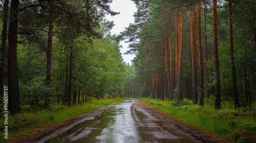 A wet, winding forest path with tall trees on both sides