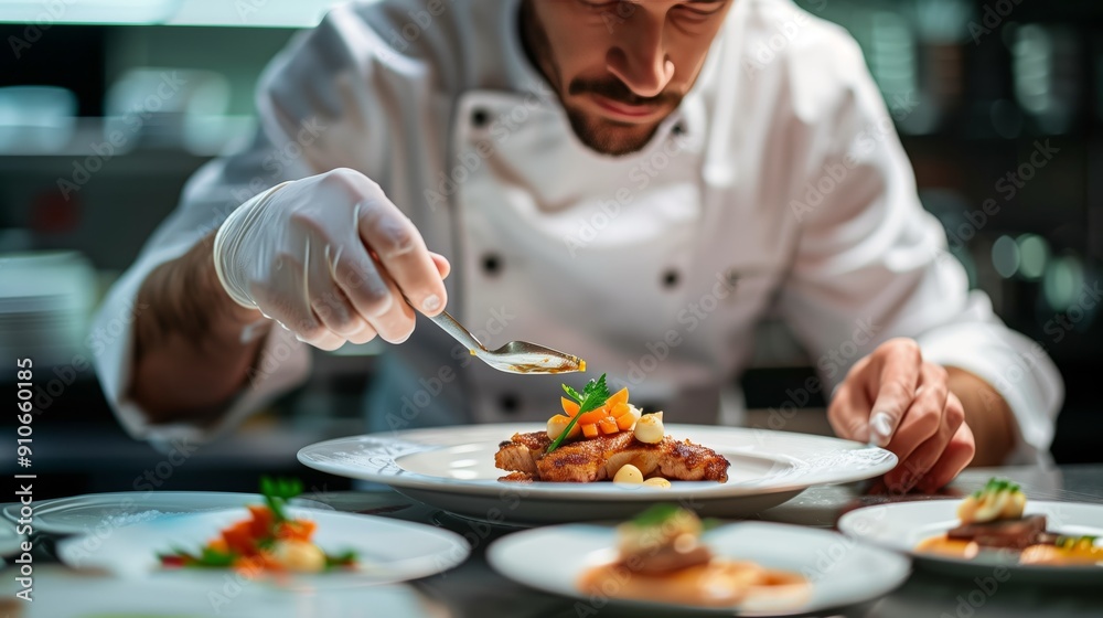 A chef is plating up an exquisite dish A chef is plating up an exquisite dish