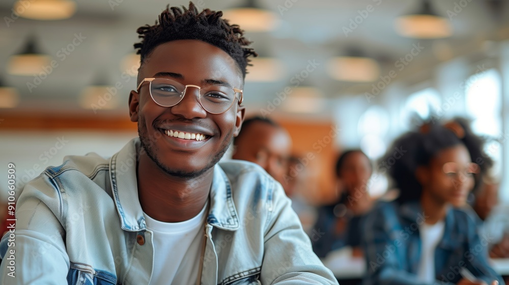 Fototapeta premium Happy young african american student smiling while sitting in class with friends and writing notes on paper at desk