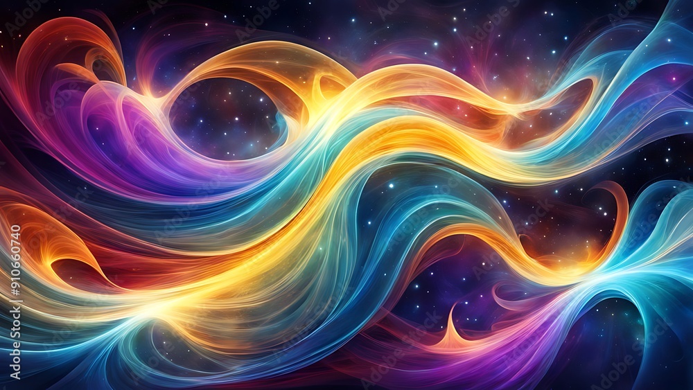 Cosmic Waves: Abstract, flowing waves of cosmic energy and starlight, with vibrant colors and dynamic shapes suggesting movement and power.