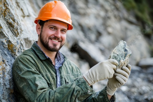 Portrait of a geologist with a rock core sample in hand, Generative AI