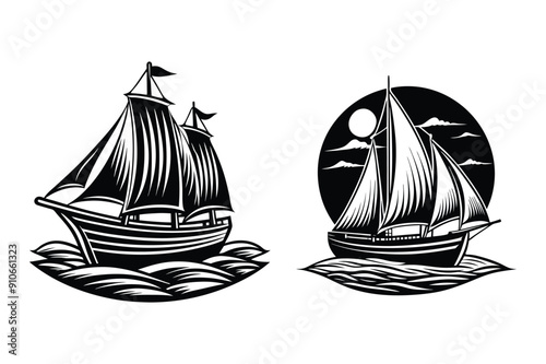 sail boat icon vector line art with illustration