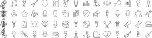 Collection of Icons of music, singer, microphone. Suitable for books, stores, shops. Editable stroke in minimalistic outline style. Symbol for design