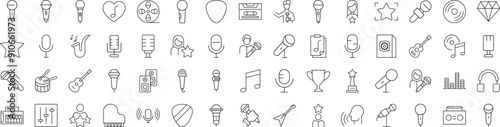 Collection of Icons of music, singer, microphone for Shops and Stores. Suitable for books, stores, shops. Editable stroke in minimalistic outline style. Symbol for design