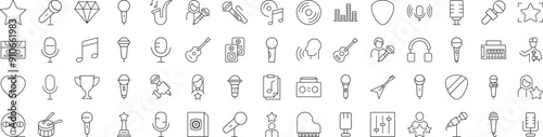 Collection of Signs of music, singer, microphone. Suitable for books, stores, shops. Editable stroke in minimalistic outline style. Symbol for design
