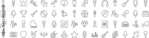 Line Signs of music, singer, microphone for Advertisement. Suitable for books, stores, shops. Editable stroke in minimalistic outline style. Symbol for design