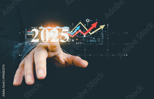 Businessman analyzes business growth plan in 2025, digital marketing strategy, revenue, profit, economy, stock market and business trends. Technical Analysis Strategies Using Future AI Technology