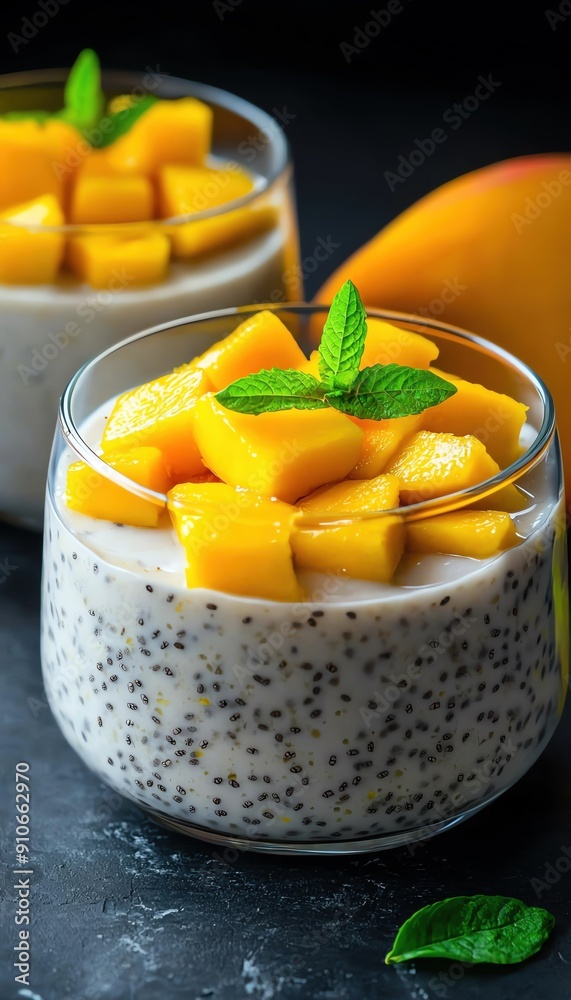 Chia seed pudding with coconut milk and mango, tropical style, bright colors, closeup shot, refreshing and healthy treat Chia seed pudding with coconut milk and mango, tropical style, bright colors, closeup shot, refreshing and healthy treat