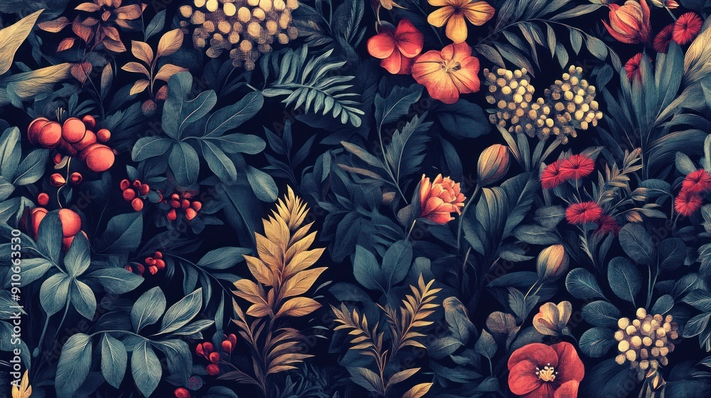 Dark Floral Tapestry: A  Nocturnal Garden in Bloom