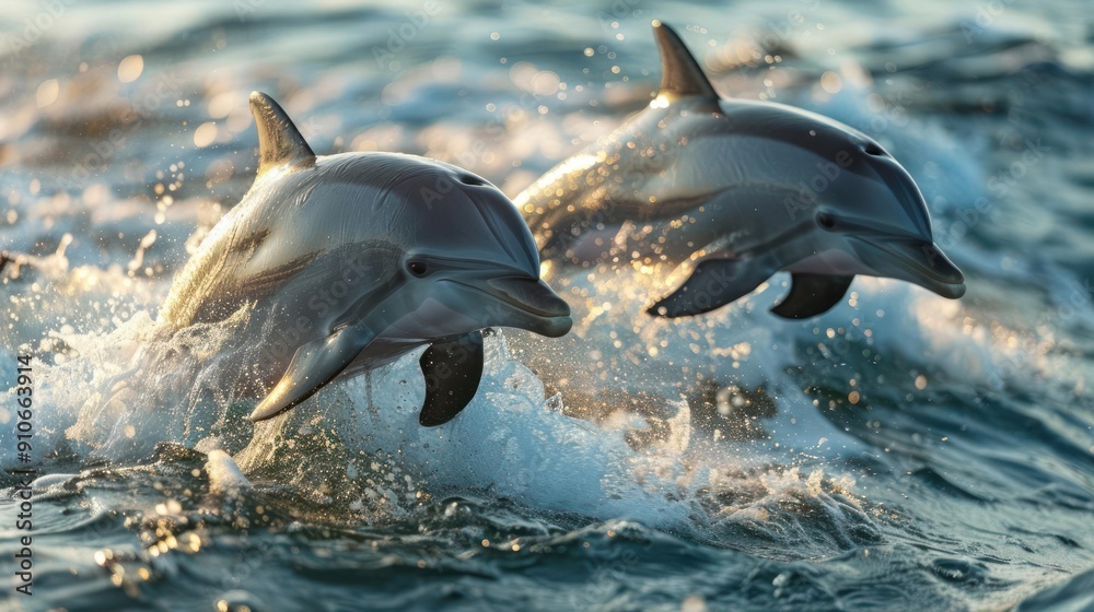 Obraz premium A pair of dolphins leaping out of the water in a dynamic display.