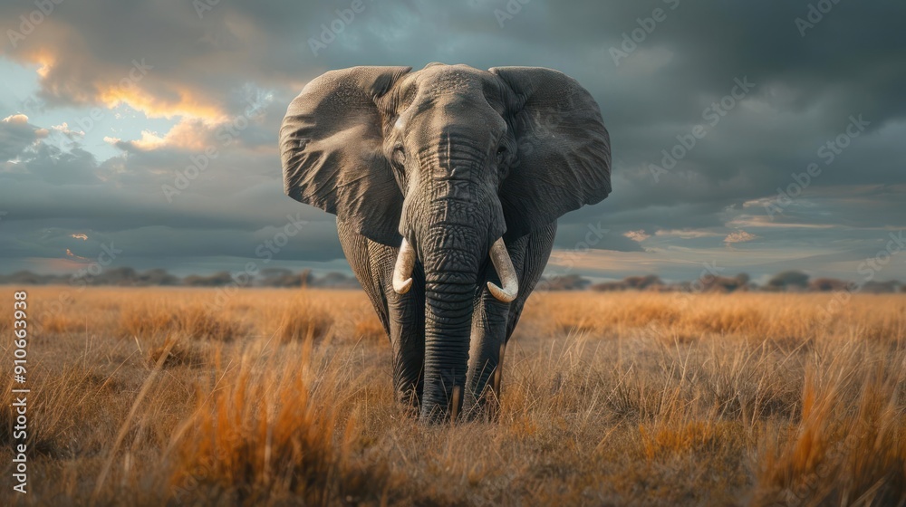 Fototapeta premium A majestic grey elephant standing alone in a field. The image conveys a sense of calm and serenity.