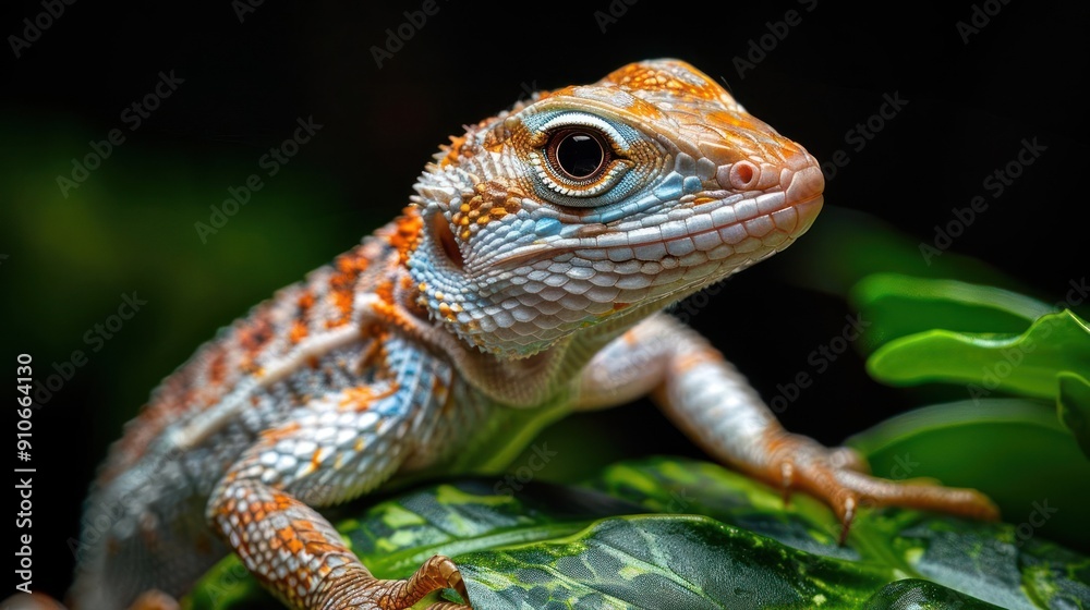 Obraz premium A red and green lizard perched on a plant leaf. It looks at the camera with an inquisitive expression. The background is blurred, emphasizing the lizard as the main subject.