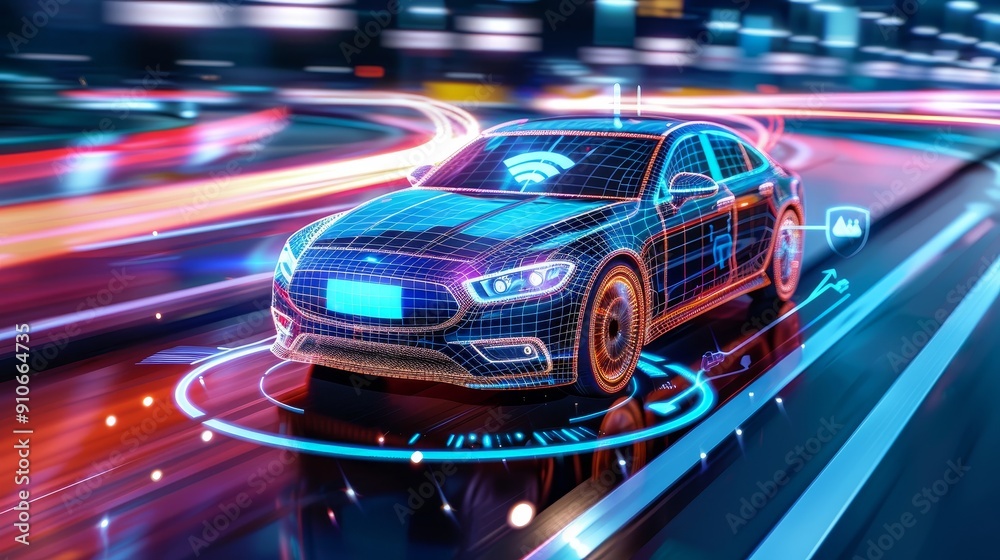 Autonomous vehicle detecting obstacles, hazards, driving assistance, navigation solutions, copy space, covering all objects, deep depth of field. Autonomous vehicle detecting obstacles, hazards, driving assistance, navigation solutions, copy space, covering all objects, deep depth of field.