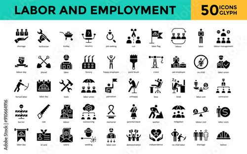 Labor and Employment icon set with shortage, technician, trolley, vacancy, job seeking, cut, labor flag, labour, labor, labour management icon. Simple glyph vector 
