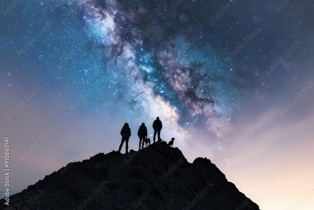 Group with dog, mountain top, Milky Way, high contrast, digital art, dynamic composition Group with dog, mountain top, Milky Way, high contrast, digital art, dynamic composition