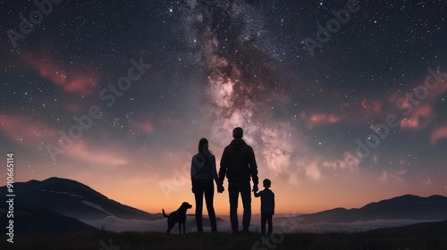 Group with dog, Milky Way over hills, 3D rendering, realistic, soft lighting