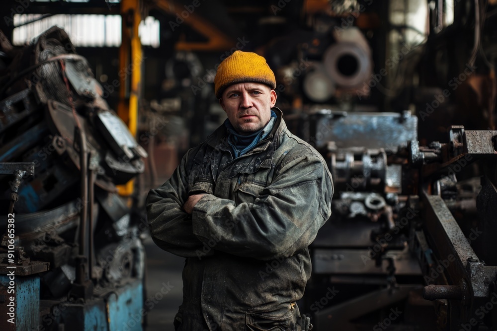 Portrait of a steelworker in a workshop with steel parts, Generative AI Portrait of a steelworker in a workshop with steel parts, Generative AI