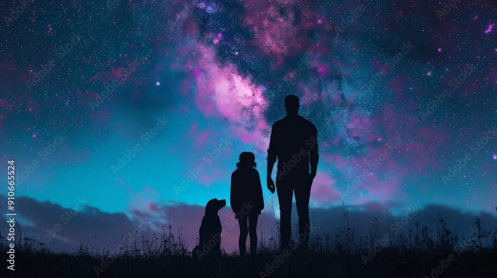 Family with dog, under the Milky Way, futuristic, neon lights, holographic stars, clear night sky Family with dog, under the Milky Way, futuristic, neon lights, holographic stars, clear night sky