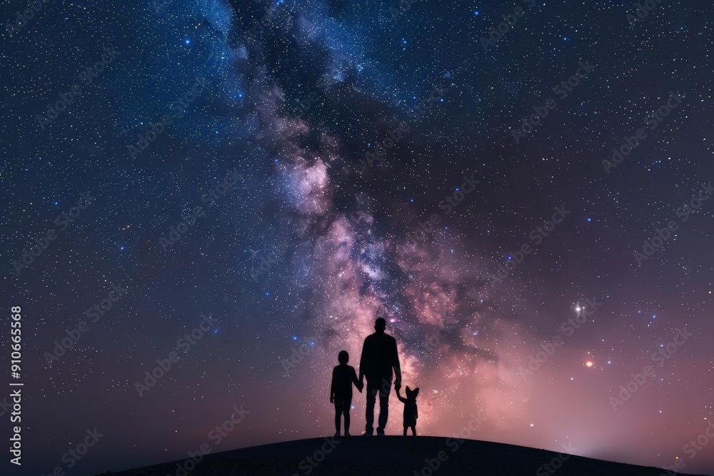 Family with dog, under the Milky Way, futuristic, neon lights, holographic stars, clear night sky Family with dog, under the Milky Way, futuristic, neon lights, holographic stars, clear night sky
