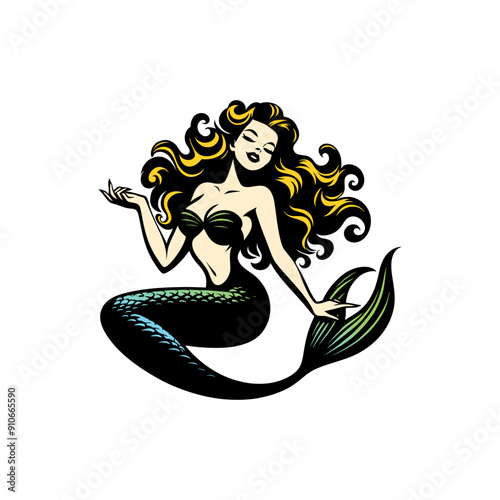 pinup girl of mermaid sirene goddess hand-drawing vector	
