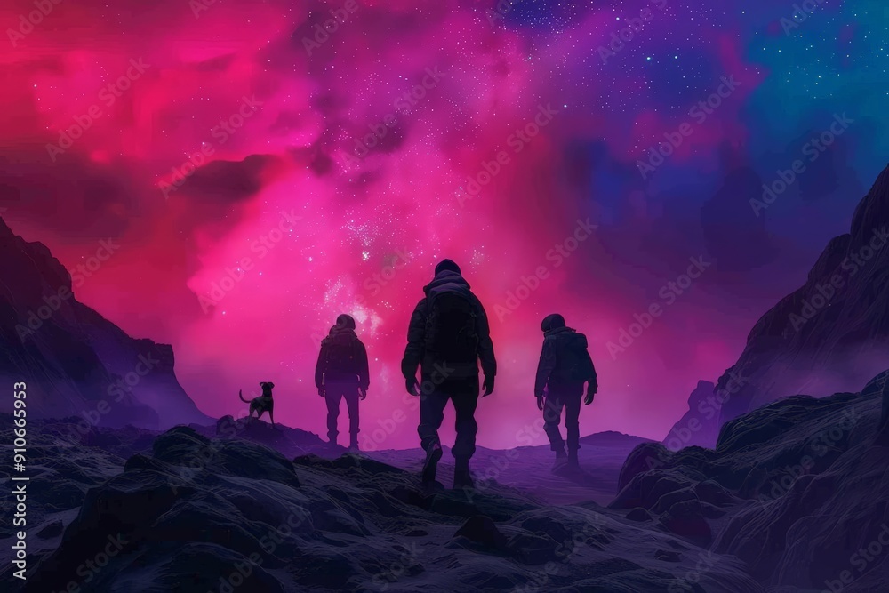 Group of explorers with dog, Milky Way, futuristic landscape, holographic details, vibrant colors Group of explorers with dog, Milky Way, futuristic landscape, holographic details, vibrant colors
