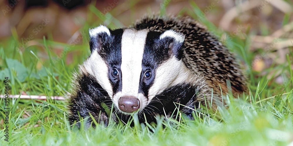 European Badger in Natural Habitat: Vivid Close-Up of Wild Badger with Characteristic Black and White Stripes Resting on Grassy Field European Badger in Natural Habitat: Vivid Close-Up of Wild Badger with Characteristic Black and White Stripes Resting on Grassy Field