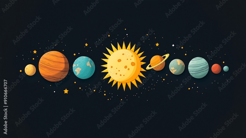 Fototapeta premium Solar System Illustration: A vibrant and playful illustration of the solar system, featuring the sun and its planets in a cartoon style. Perfect for educational materials, children's books