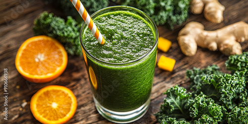 A vibrant green smoothie in a glass, surrounded by fresh fruits and vegetables on a rustic wooden table, generative AI photo