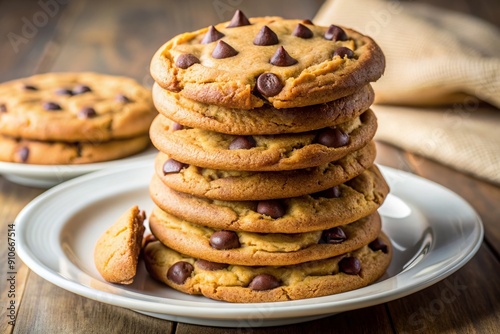 Freshly baked tower of warm, chewy chocolate chip cookies with golden brown edges, arranged on a crisp white plate, tantalizingly awaiting indulgence.