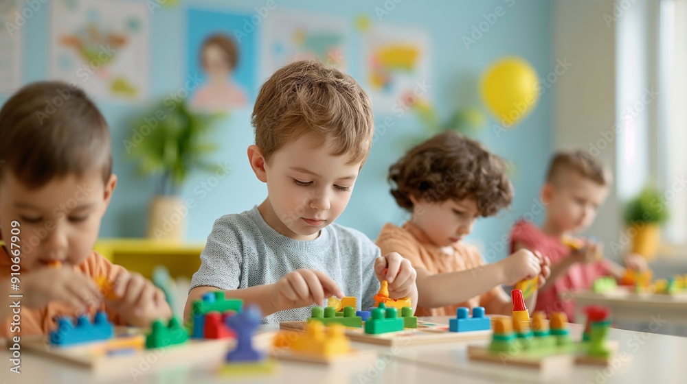 Tiny Builders: A group of adorable preschoolers engage in a collaborative building activity, fostering creativity and problem-solving skills in a vibrant classroom setting. Tiny Builders: A group of adorable preschoolers engage in a collaborative building activity, fostering creativity and problem-solving skills in a vibrant classroom setting.