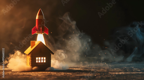 A miniature house with a toy rocket launching behind it, set against a dark background with smoke, suggesting themes of home sales, mortgages, and the real estate market.