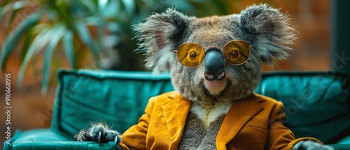 Koala in green suit and sunglasses, teal background, stylish and cool photo