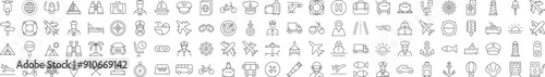 Collection of Icons of tourism, travel, vacation, aviation. Suitable for books, stores, shops. Editable stroke in minimalistic outline style. Symbol for design