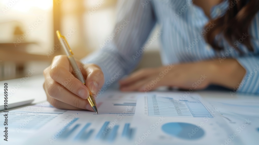 A person analyzing data with graphs and charts, holding a pen, surrounded by financial documents in a modern office setting. A person analyzing data with graphs and charts, holding a pen, surrounded by financial documents in a modern office setting.