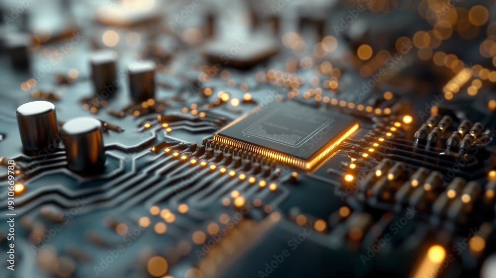 Golden Brain of Technology: A close-up on a futuristic circuit board, its gold pathways and glowing processor hinting at the power and potential of modern computing. Golden Brain of Technology: A close-up on a futuristic circuit board, its gold pathways and glowing processor hinting at the power and potential of modern computing.