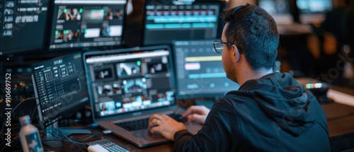 A professional working on multiple screens in a modern office environment, focused on video editing and production tasks.